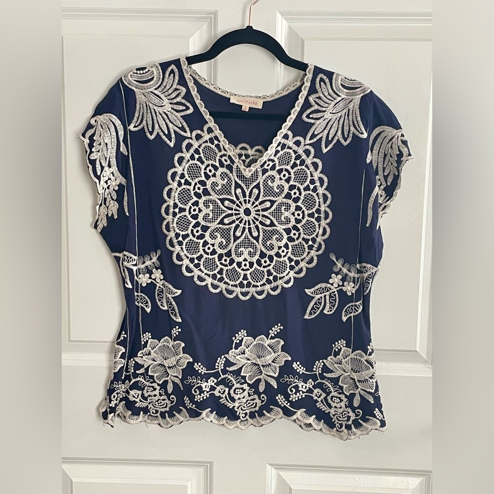 Solitaire Navy Embroidered Lace Boho Top Medallion Large